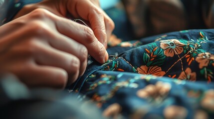 Close-Up View of Hands Sewing Floral Fabric with Needle and Thread