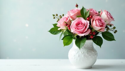 Fototapeta premium A frosted white vase filled with pink roses and holly berries, frosted white vase, holiday arrangement