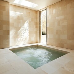 Minimalist Stone Tiled Bathroom Interior with Tranquil Water and Skylight