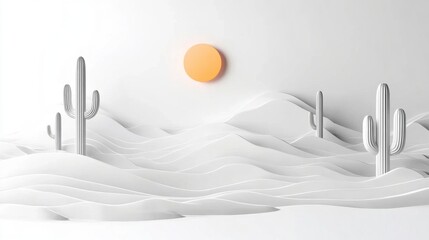 Minimalist White Desert Landscape with Geometric Cacti and Orange Sun Illustration
