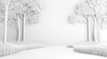 Minimalist White Paper Cut Trees and Grass Landscape on a Clean White Background