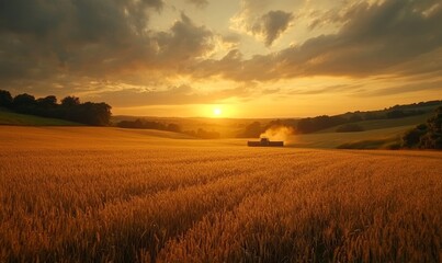 Obraz premium Golden Hour Wheat Harvest with Combine Harvester Under Dramatic Sky in Rural Field