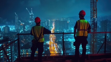 Construction workers overlooking city at night.