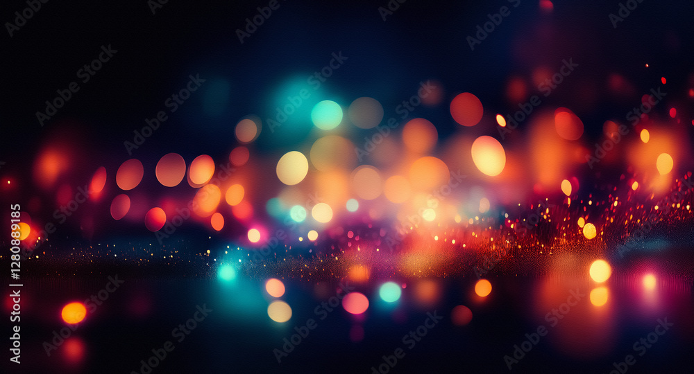 Fototapete Abstract image featuring soft, blurred lights against a dark backdrop.  Vibrant bokeh effect with a blend of orange, red, and teal colors, creating a dreamy atmosphere.