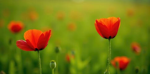 Bright red poppies with partially open petals and a tightly closed bud on a green meadow, wildflowers, botanical, flower