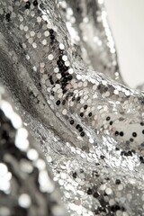 Shimmering silver sequin fabric with abstract texture and glittering highlights