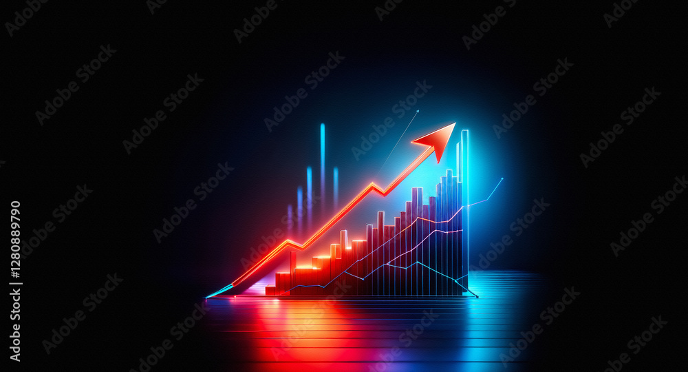 Leinwandbilder vibrant neon red arrow ascends against a dark backdrop, showcasing growth and upward trends. illumin