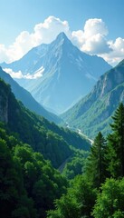 Fototapeta premium cloud covered mountains with lush green forests, countryside, serene
