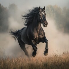 Majestic Black Horse Running Freely in Nature's Golden Light