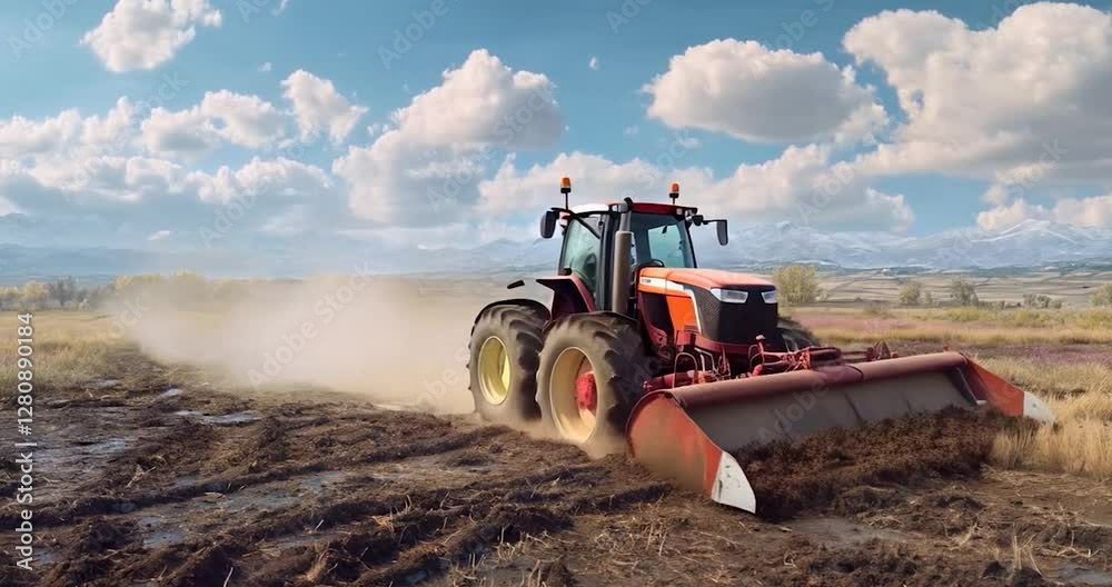 Poster tractor plowing through muddy field with blue sky background, mountain range and cloudy sky. red tra