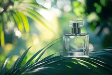 Perfume bottle mockup for design and branding, on tropical palm leaf