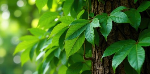 Dense foliage of neem leaves on a trunk with brown bark, organic, azadirachta indica, foliage