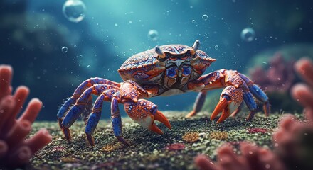 A close-up of a vividly colored crab with intricate blue and orange patterns on its shell