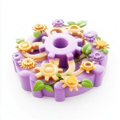 A colorful 3D model featuring gears and flowers intertwined, showcasing a blend of mechanics and nature in a playful design.