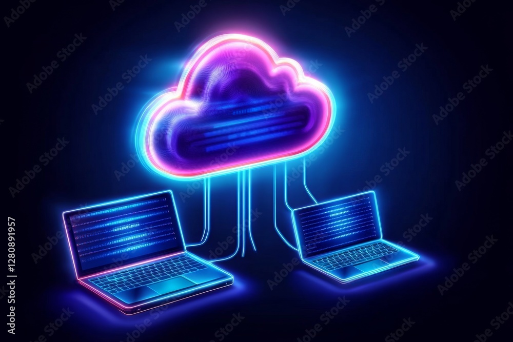 Poster Cloud Computing A cloud icon connected to various devices like laptops, tablets, and servers through a network of lines, with clear space around the graphic for text