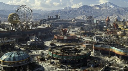 post apocalyptic landscape, dystopian wasteland, abandoned theme park, ruined amusement park,...