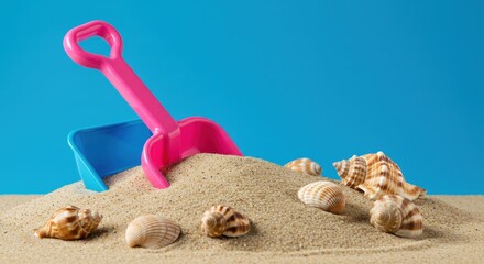 A plastic shovel partially buried in fine sand surrounded by assorted seashells