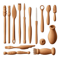 Set of sculpting clay tools isolated on transparent background