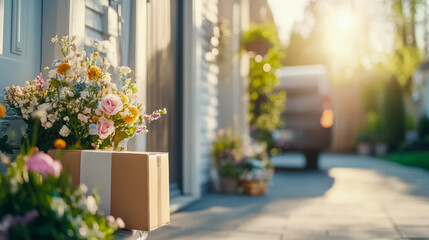 Spring Surprise Delivery: A floral gift accompanies a package on a sunny doorstep