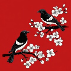 Pair of Magpies on Blossoming Branch Against a Striking Red Background Illustration