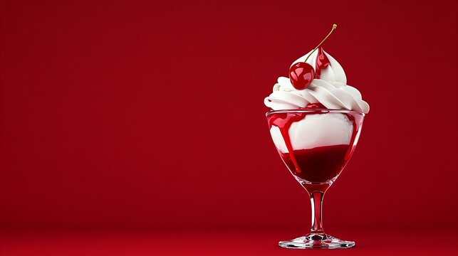 A delectable dessert: creamy whipped topping, cherries, and a rich red sauce, all served in an elegant glass.