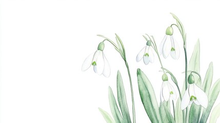 Obraz premium Delicate watercolor illustration of snowdrops capturing the serene beauty of spring blooms in a botanical style
