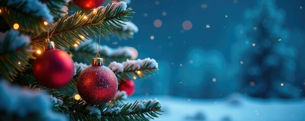 Frosty branches adorned with sparkling ornaments under a starry night sky, evergreen, shining