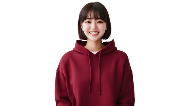 Portrait of a happy beautiful korean hair bang style, wearing a red maroon hoodie sweater and jeans, front view, mockups