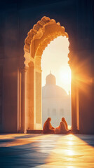 Sunrise Meditation: Serene figures within an ornate archway