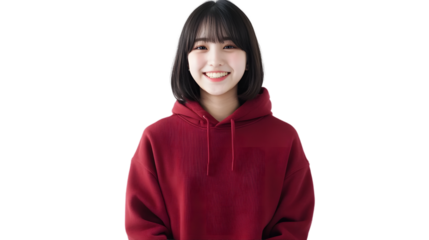 Portrait of a happy beautiful korean hair bang style, wearing a red maroon hoodie sweater and jeans, front view, mockups