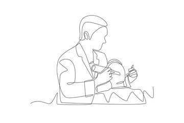 Dentist examining a male patient's teeth. Visiting dentists concept one-line drawing