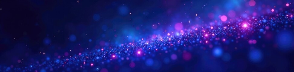 Fototapeta premium Glowing dark blue particles float in an endless void, purple, glow, galaxy