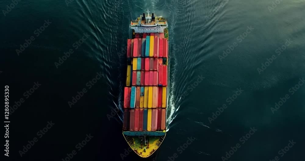 Aufkleber Overhead view of generic ship sailing through water. The ship's containers have a variety of color and shape, with the vessel sailing through ocean water