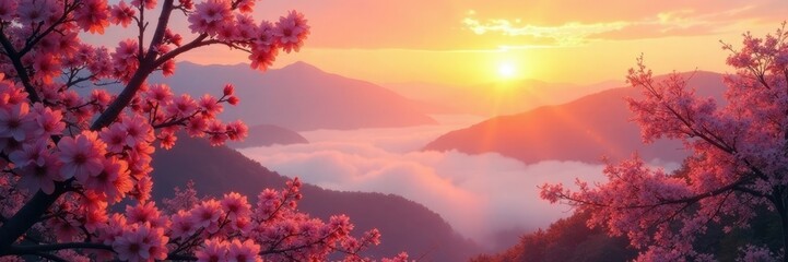 Fototapeta premium Golden light of sunrise illuminates sakura and Fuji, sunrise, mist, flowers
