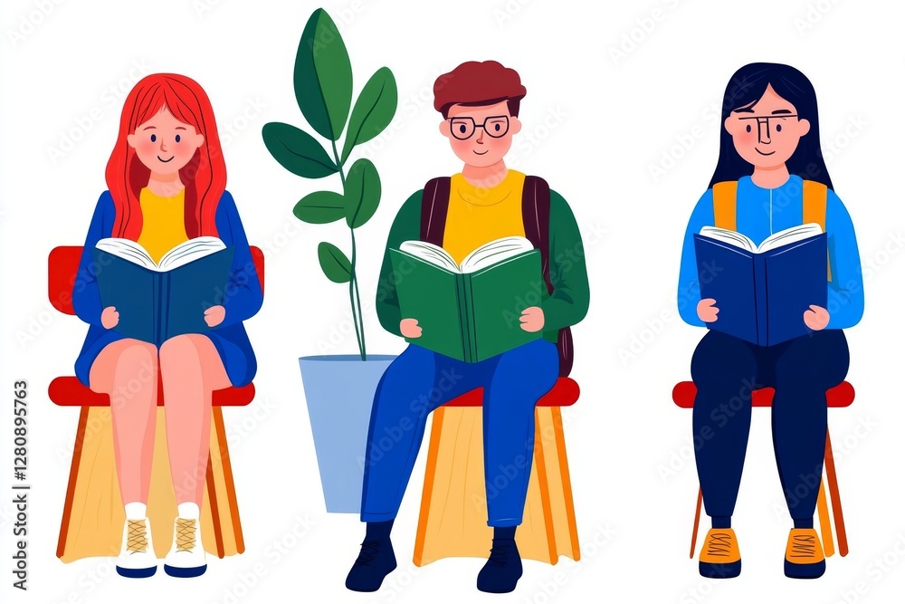 Poster collection of people reading or students studying and preparing for examination set of book lovers, 