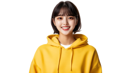 Portrait of a happy beautiful korean hair bang style, wearing a yellow hoodie sweater and jeans, front view, mockups