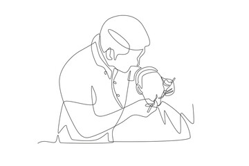 Dentist examining a male patient's teeth. Visiting dentists concept one-line drawing