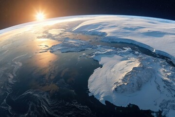 Fototapeta premium Stunning Sunrise Over Icy Landscape Seen From Space with Earth’s Curvature and Beautiful Light