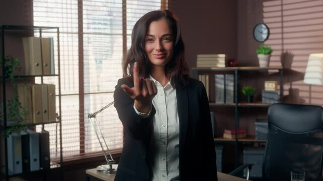 Caucasian woman pointing finger at camera inviting join choose candidate welcome female businesswoman HR manager office hiring hand gesture corporate business offer come here smiling lady girl indoor