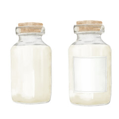 Glass bottle with wooden stopper, set. Watercolor digital illustration. Vial with white liquid and label, isolated on white background. Transparent bottle for bathroom, toilet, milk bottle