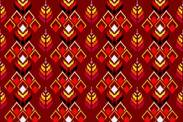 Pixel ethnic  pattern oriental traditional. Design fabric pattern textile African, Aztec African America Indian seamless. Floral pixel art pattern on navy background  vector illustration