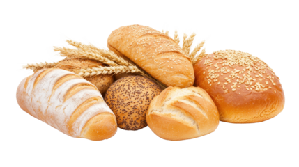 Assorted fresh bread rolls, soft and crusty textures, perfect for breakfast or sandwiches, inviting and delicious. Isolated on white background or PNG