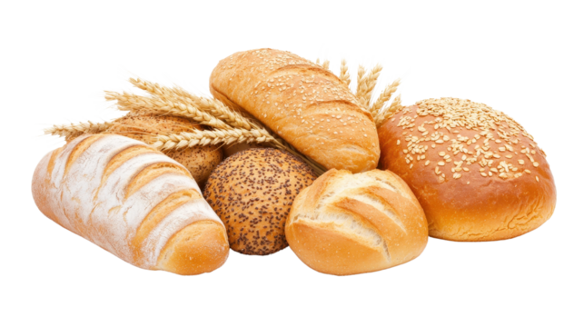 Assorted fresh bread rolls, soft and crusty textures, perfect for breakfast or sandwiches, inviting and delicious. Isolated on white background or PNG