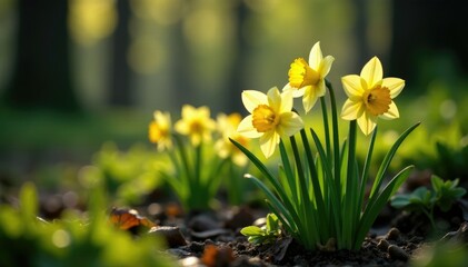 Obraz premium Narcissus tazetta flowers blooming in the undergrowth, white, forest, yellow