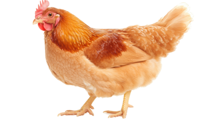 Brown hen standing on white background, domestic bird with fluffy feathers, highlights farming and agriculture themes, copy-space available. Isolated on white background or PNG