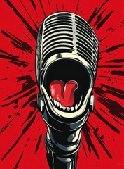 Retro Microphone with Open Mouth and Red Tongue on Red Burst Background