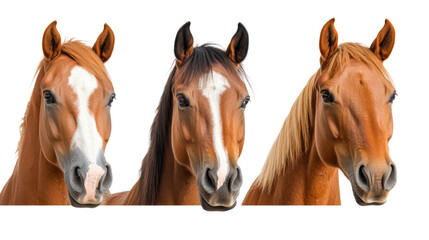 Three beautiful horses with varying coats, expressive eyes, standing in a clean studio setting, perfect for equine features. Isolated on white background or PNG