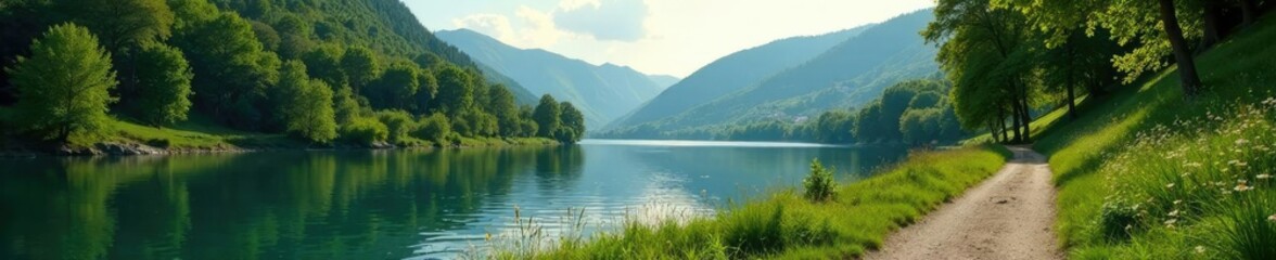 Obraz premium peaceful riverbank scene with a few trees and a winding path, trees, vegetation