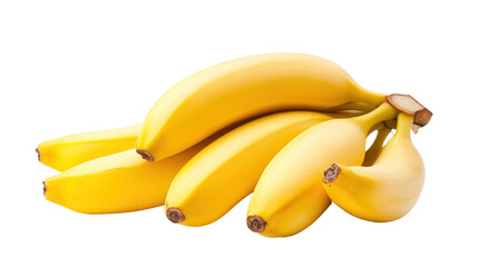 Fresh ripe bananas, vibrant yellow bunch showcasing natural curves, ideal for healthy snack themes or smoothie recipes. Isolated on white background or PNG