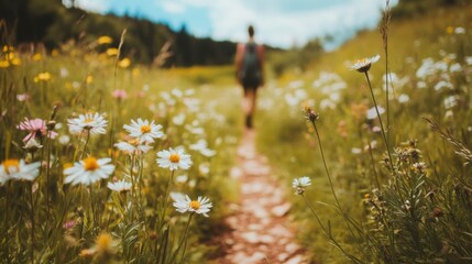 A person walking along a flower-lined path in a vibrant meadow under a blue sky